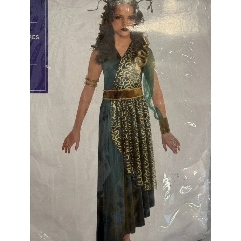 Medusa Girls Halloween Costume Green Gold Dress and Snake Headband Set L 12 14